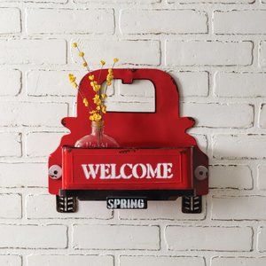 Red Truck WELCOME SPRING Wall Pocket in Red Tin